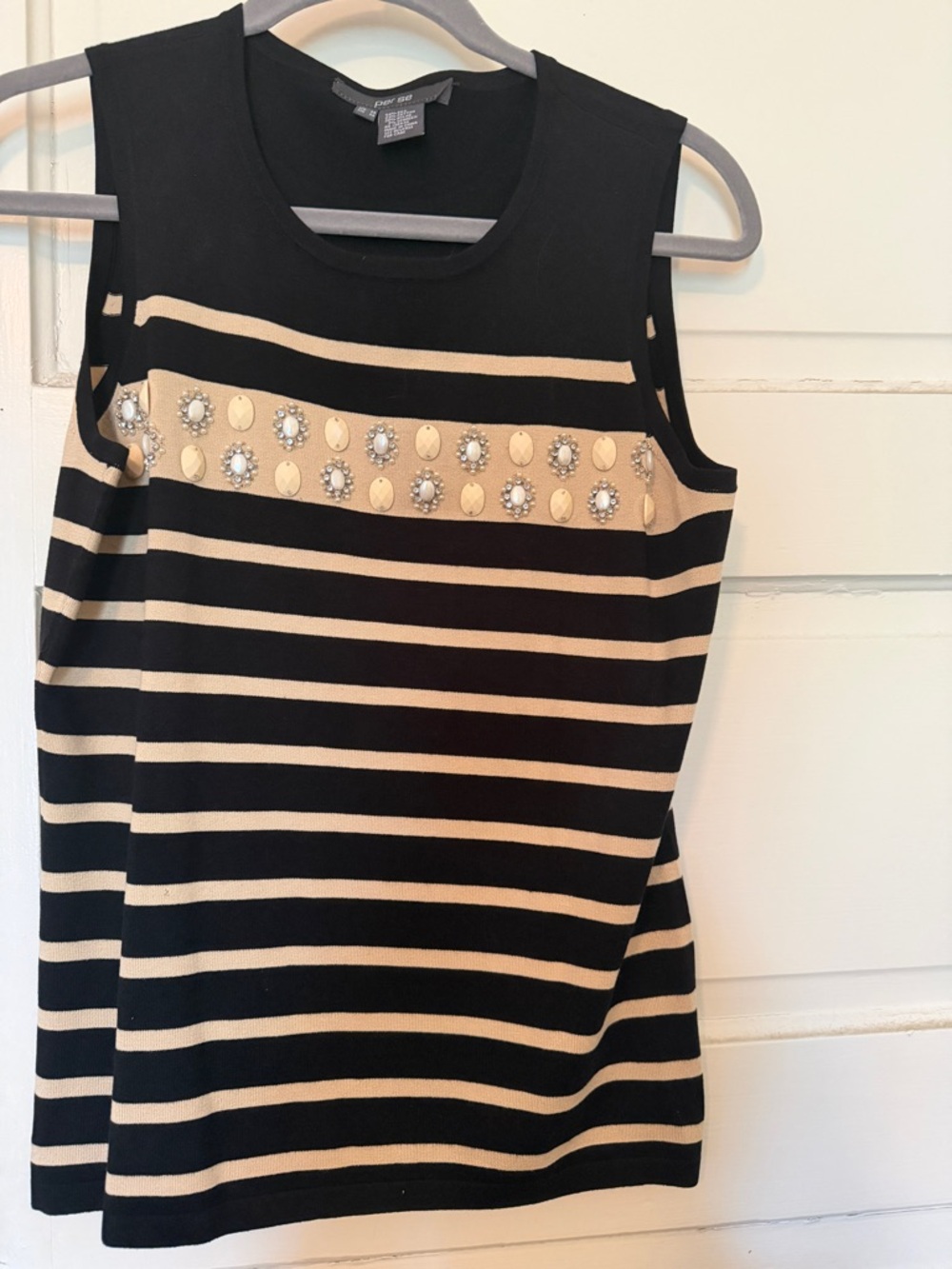 Per Se Black & Cream Striped Sleeveless Silk Knit Top with Embellished Detail